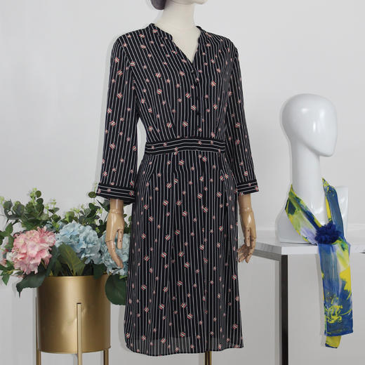 FOCALS福柯斯秋季清新条纹印花七分袖修身印花连衣裙FRGAX008NV 商品图1