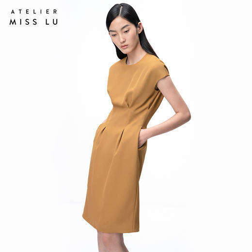 【日落金沙】轻褶设计暖沙黄高腰落肩茧形连衣裙/0000729A 商品图2