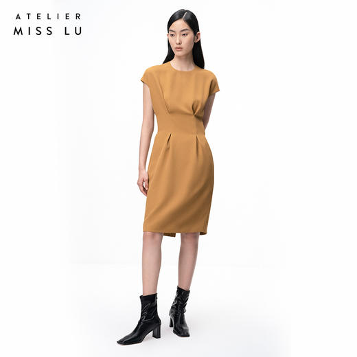 【日落金沙】轻褶设计暖沙黄高腰落肩茧形连衣裙/0000729A 商品图0