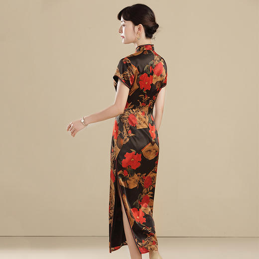 上海旗袍厂AYK-QF-2104188真丝扇子旗袍秋季2021国风时尚修身长款短袖旗袍连衣裙 商品图1