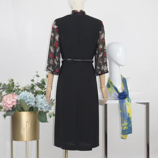 FOCALS福柯斯秋季假两件七分袖修身印花拼接连衣裙F2YAX123NV 商品图2