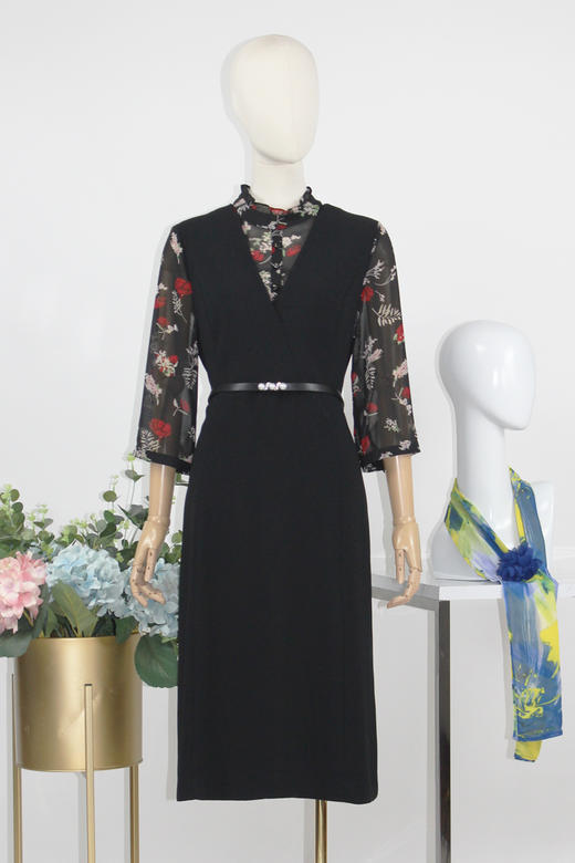 FOCALS福柯斯秋季假两件七分袖修身印花拼接连衣裙F2YAX123NV 商品图5