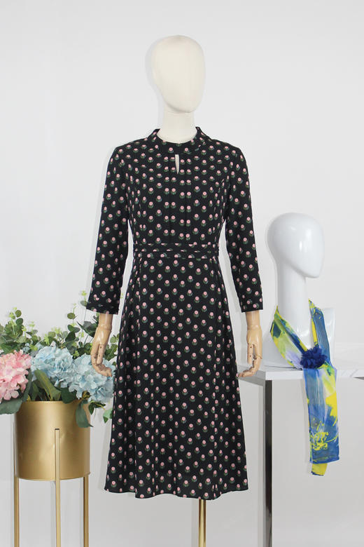FOCALS福柯斯秋季半高领八分袖修身波点印花连衣裙FYJCX602GV 商品图5