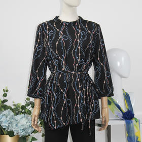 FOCALS女装秋季新款圆领七分袖中长款通勤印花上衣F2YCN662BV