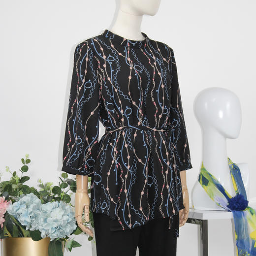 FOCALS女装秋季新款圆领七分袖中长款通勤印花上衣F2YCN662BV 商品图1