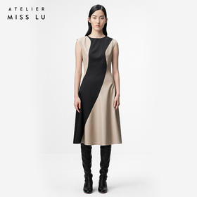 【夜空流砂】流畅曲线砂岩驼撞色拼皮收腰连衣裙/0000727A