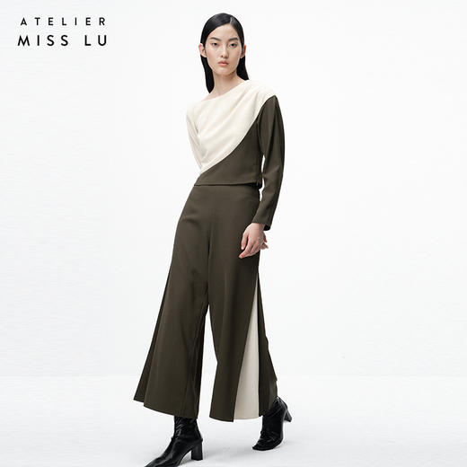 【细缝微光】苔绿拼缝撞色垂感高腰阔腿裤/000109 商品图2