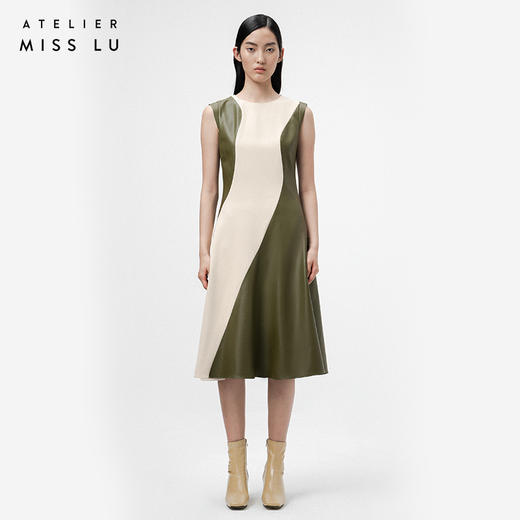 【伊甸花园】流畅曲线橄榄绿撞色拼皮收腰连衣裙/0000727 商品图0