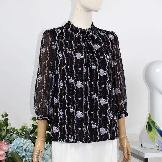 FOCALS福柯斯女装秋季新款圆领七分袖雪纺印花套头上衣FRGCN586PV 商品图1