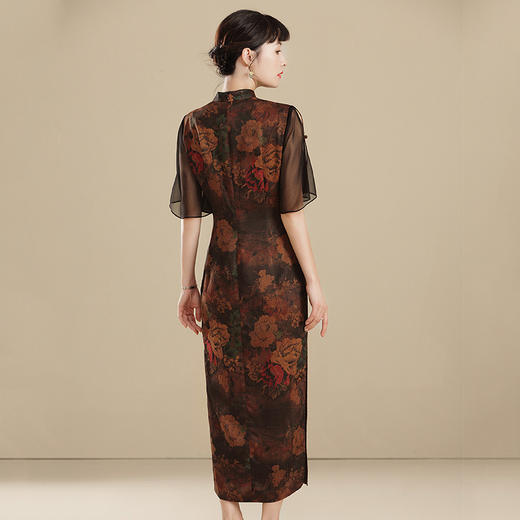 上海旗袍厂AYK-QF-210410香云纱牡丹改良旗袍早秋2021国风时尚修身长款拼接短袖旗袍连衣裙 商品图5