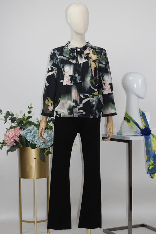 FOCALS福柯斯女装春秋新款直筒七分袖水墨印花套头衬衫F2YCN581GV 商品图5