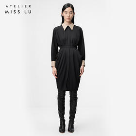 【温热落日】立裁垂褶设计黑色拼皮露背长袖连衣裙/0000747A