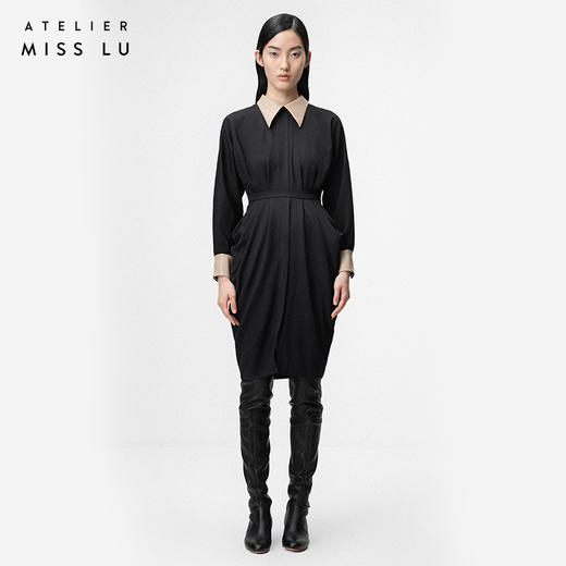 【温热落日】立裁垂褶设计黑色拼皮露背长袖连衣裙/0000747A 商品图0