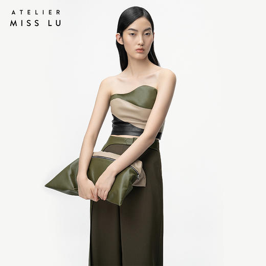 【黛博拉】橄榄绿不规则曲线撞色拼皮抹胸上衣/00200 商品图2