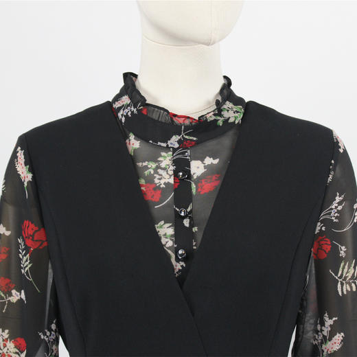 FOCALS福柯斯秋季假两件七分袖修身印花拼接连衣裙F2YAX123NV 商品图3