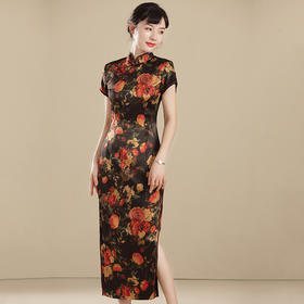 上海旗袍厂AYK-QF-210418真丝月季花旗袍早秋2021国风时尚修身长款短袖旗袍连衣裙