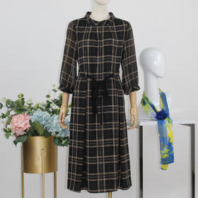 FOCALS福柯斯秋季休闲格纹印花七分袖印花圆领连衣裙FRGAX036NE