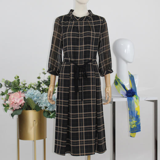 FOCALS福柯斯秋季休闲格纹印花七分袖印花圆领连衣裙FRGAX036NE 商品图0