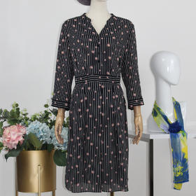 FOCALS福柯斯秋季清新条纹印花七分袖修身印花连衣裙FRGAX008NV