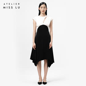 【寄云间】细叶镂空设计黑拼香槟色不规则下摆连衣裙/0000735