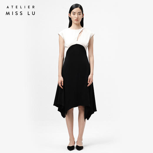 【寄云间】细叶镂空设计黑拼香槟色不规则下摆连衣裙/0000735 商品图0