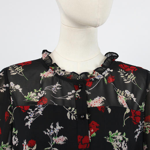 FOCALS福柯斯女装春秋款圆领套头七分袖雪纺印花衬衫F2Y2S136RV 商品图3