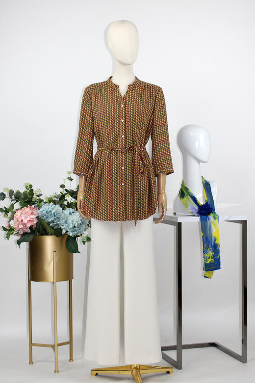 FOCALS福柯斯女装秋季新款圆领七分袖中长款印花衬衫FRGCN670YG 商品图5