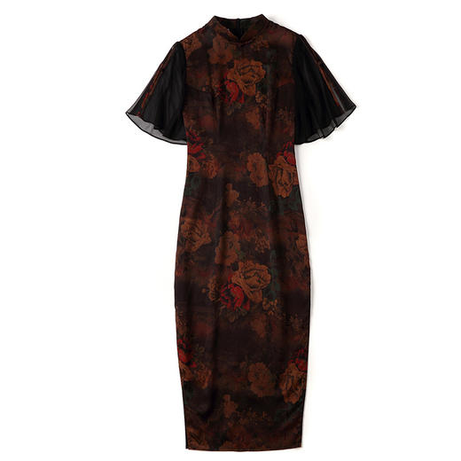 上海旗袍厂AYK-QF-210410香云纱牡丹改良旗袍早秋2021国风时尚修身长款拼接短袖旗袍连衣裙 商品图3