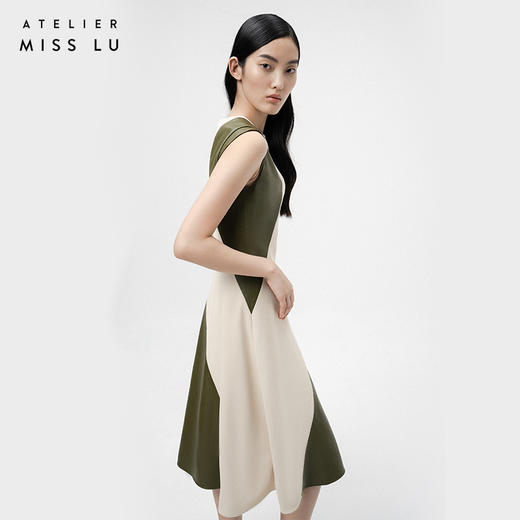 【伊甸花园】流畅曲线橄榄绿撞色拼皮收腰连衣裙/0000727 商品图2