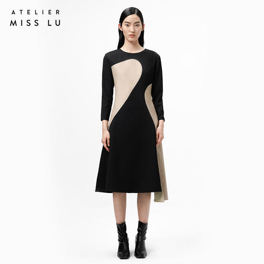 【乌木砂砾】砂岩驼趣味曲块撞色拼皮收腰连衣裙/0000731A 商品图0