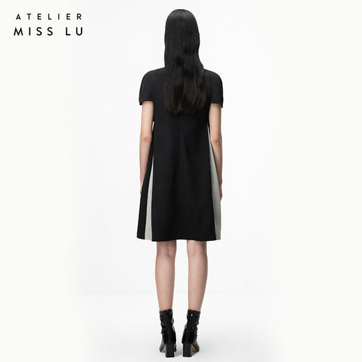 【绿色夹心】黑色拼缝豆沙绿撞色蝴蝶结泡泡袖宽松连衣裙/0000742 商品图3