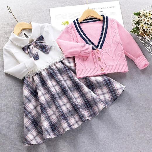 ALBL21032新款长袖韩版格子裙儿童两件套潮 商品图0
