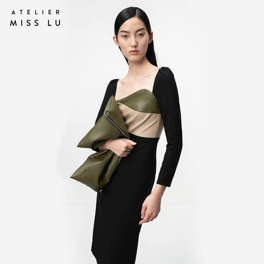 【午夜巴塞罗那】橄榄绿不规则曲线撞色拼皮长袖连衣裙/0000730 商品图2