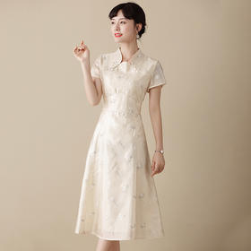 上海旗袍厂AYK-QF-201125杏底小提花立领旗袍早秋2021国风时尚改良短袖旗袍大摆a字连衣裙