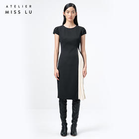 【流溢风琴】黑拼米白撞色拼接风琴折连衣裙/0000740