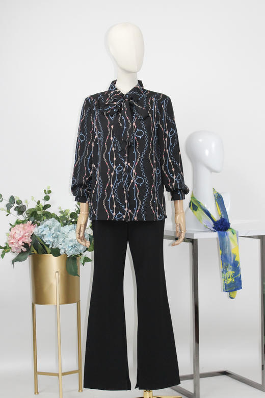 FOCALS福柯斯女装春秋新款自然收腰长袖印花衬衣衬衫F2YCS661BV 商品图5