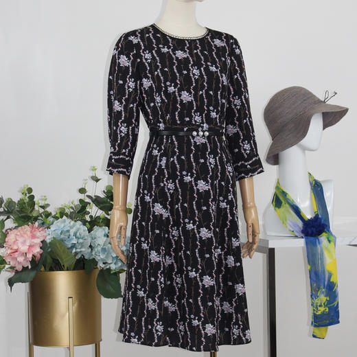 FOCALS福柯斯秋季七分袖修身圆领印花A摆连衣裙FRGCX583PV 商品图1