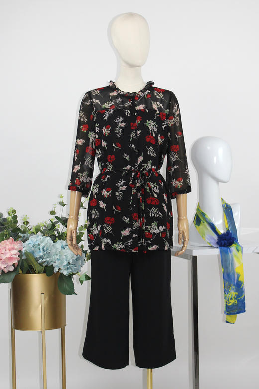 FOCALS福柯斯女装春秋款圆领套头七分袖雪纺印花衬衫F2Y2S136RV 商品图5