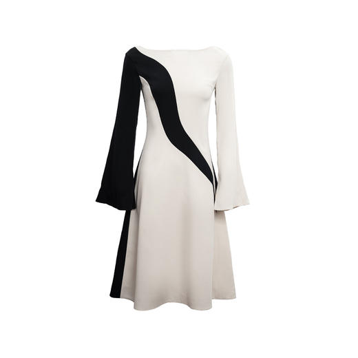 【晨流】不规则曲线拼接米白藏青撞色连衣裙/0000739 商品图4