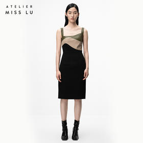 【阿佳妮】橄榄绿不规则曲线撞色拼皮吊带连衣裙/0000718