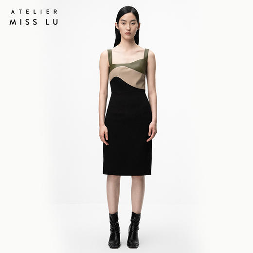 【阿佳妮】橄榄绿不规则曲线撞色拼皮吊带连衣裙/0000718 商品图0