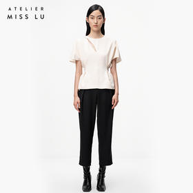 【镂空戏法】细叶镂空对折收腰落肩造型米白上衣/ 00203