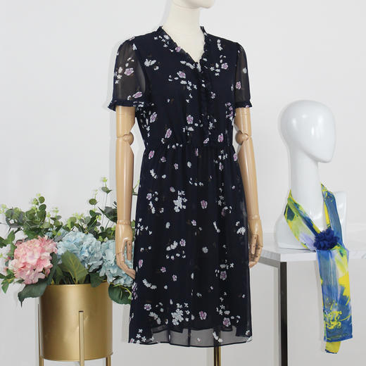 FOCALS福柯斯秋季桑蚕丝七分袖修身雪纺印花连衣裙FYJ2X123BZ 商品图1