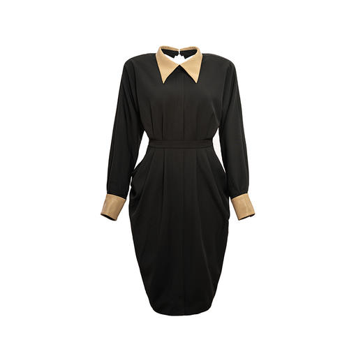 【温热落日】立裁垂褶设计黑色拼皮露背长袖连衣裙/0000747A 商品图4