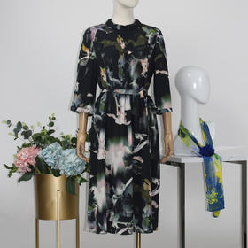 FOCALS福柯斯秋季圆领七分袖水墨印花连衣裙F2YCX582GV