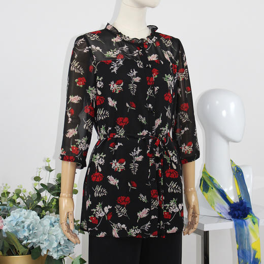 FOCALS福柯斯女装春秋款圆领套头七分袖雪纺印花衬衫F2Y2S136RV 商品图1