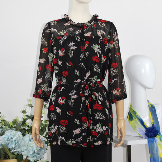 FOCALS福柯斯女装春秋款圆领套头七分袖雪纺印花衬衫F2Y2S136RV 商品图0