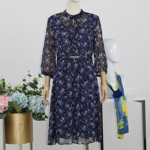 FOCALS福柯斯秋季七分袖碎花修身雪纺印花连衣裙FRGAX160BV 商品图0