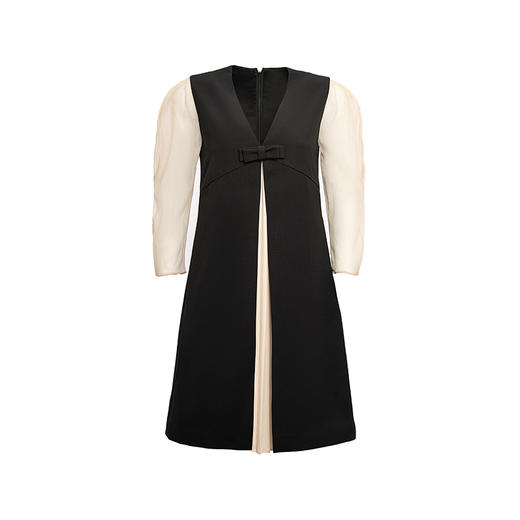 【温柔流泻】黑拼米白泡泡纱袖风琴折拼缝宽松连衣裙/0000736 商品图4