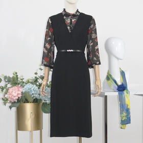 FOCALS福柯斯秋季假两件七分袖修身印花拼接连衣裙F2YAX123NV